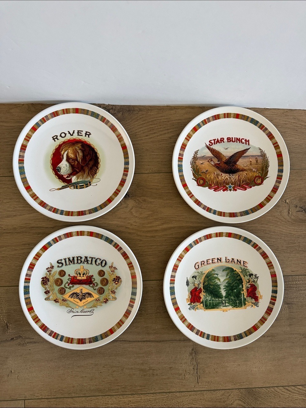Pottery Barn Fireside Club Set of 4 Plates 8.25" Cigar Box Ads Man Cave Bar EUC
